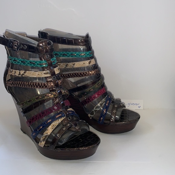Aldo 8.5 / 39 Multi Strap Stacked Platform Wedge Sandal - Picture 3 of 16